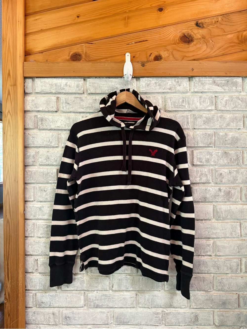 American Eagle Outfitters Black & White Striped hooded waffle shirt